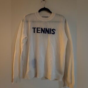 100% cashmere cream  Sweater with Blue Tennis Lettering